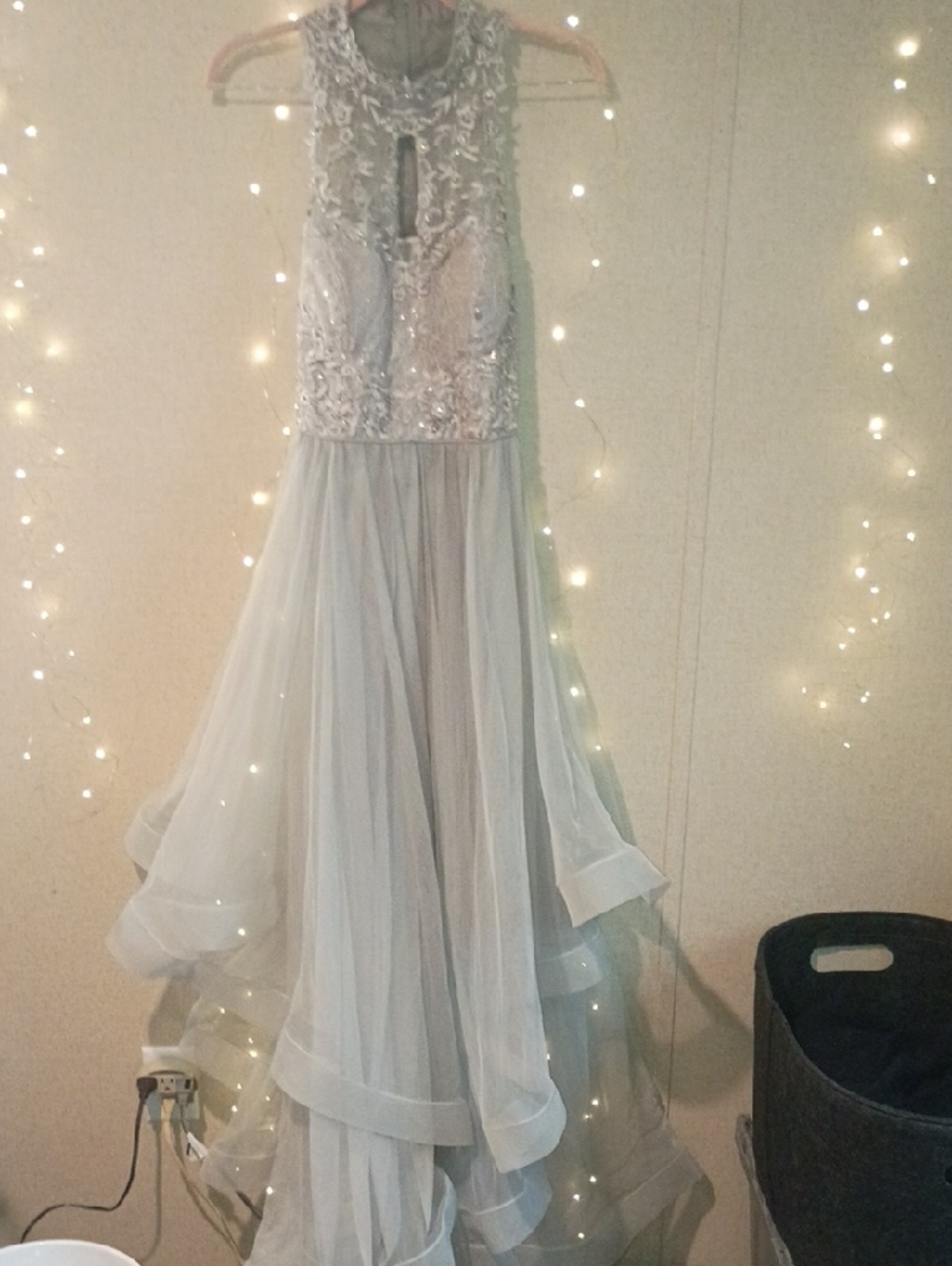 Jodi Kristopher Silver Sequin Illusion Bodice Prom Dress
